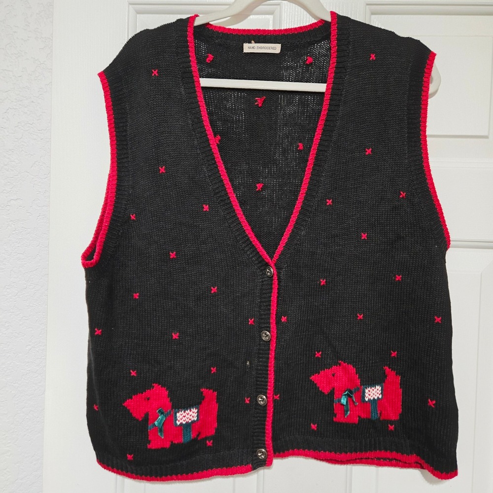 Y2K Womens‎ Black Hand Embroidered Christmas Dog Sweater Vest Large